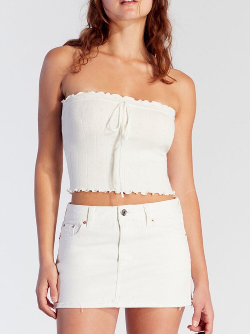 White Low Rise Denim Mini Skirt